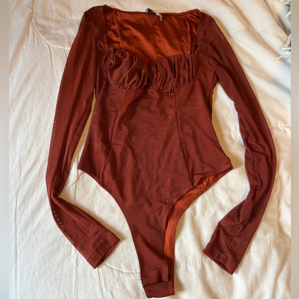 Princess Polly Rust Orange Long Sleeve Mesh Bodysuit